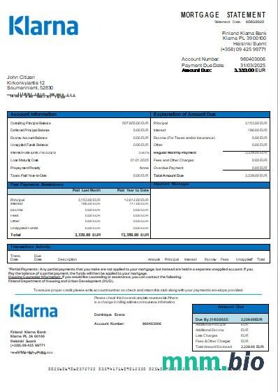 Finlandia Bank Klarna wyciąg z kredytu hipotecznego szablon Word i PDF